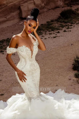 Elegant Mermaid Lace Off-The-Shoulder Sleeveless White Wedding Dresses With Beading