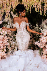 Elegant Mermaid Lace Off-The-Shoulder Sleeveless White Wedding Dresses With Beading