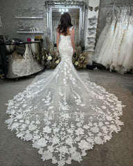 Elegant Mermaid Off-the-shoulder Sleeveless Appliques Tulle Lace Train Wedding Dress