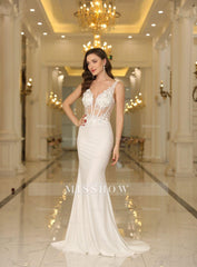 Elegant Mermaid V-Neck Sleeveless Lace Appliques Floor-Length Dress