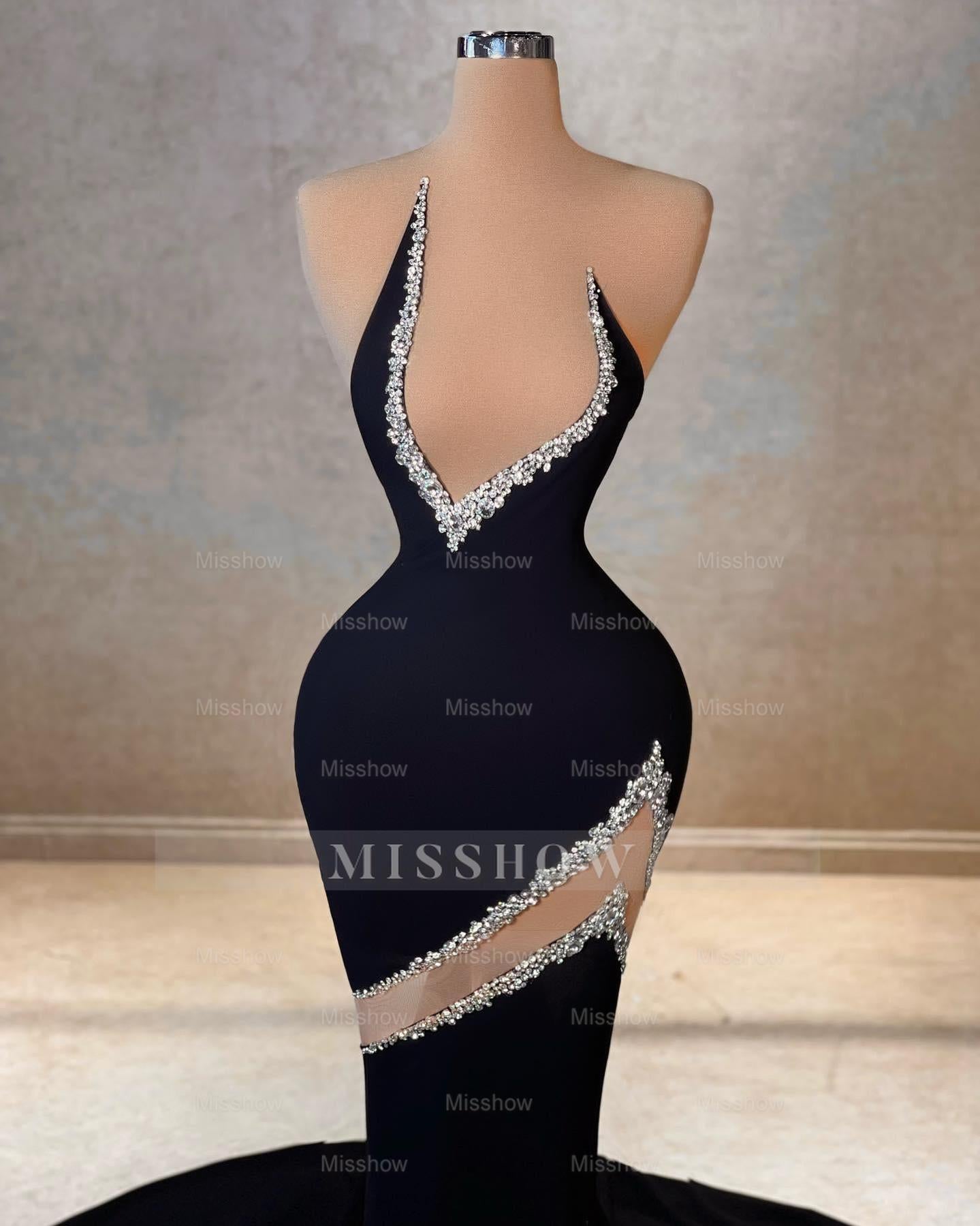 Elegant Mermaid V-neck Sleeveless Rhinestone Satin Tulle Prom Dresses
