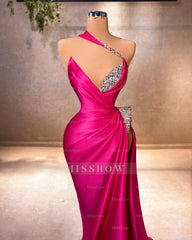 Elegant Mermaid V-neck Sleeveless Ruffles Satin Split Front Fuchsia Prom Dress