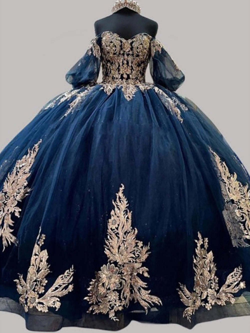 Elegant Navy Blue Off-the-Shoulder Long Sleeve Embellished Ball Gown Quinceanera Dress