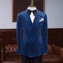Elegant Navy Blue Shawl Collar Double Breasted Velvet Groom's Suit