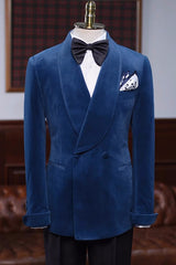 Elegant Navy Blue Shawl Collar Double Breasted Velvet Groom's Suit