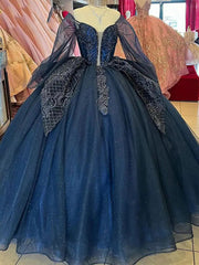 Elegant Navy Blue Sweetheart Long Sleeve Applique Beaded Ball Gown Quinceanera Dress