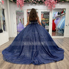 Elegant Navy Blue Sweetheart Sleeveless Sequined Beaded Ball Gown Quinceanera Dress