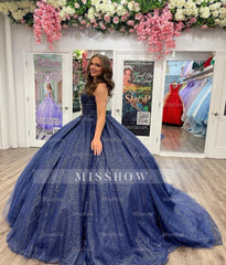 Elegant Navy Blue Sweetheart Sleeveless Sequined Beaded Ball Gown Quinceanera Dress