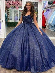 Elegant Navy Blue Sweetheart Sleeveless Sequined Beaded Ball Gown Quinceanera Dress