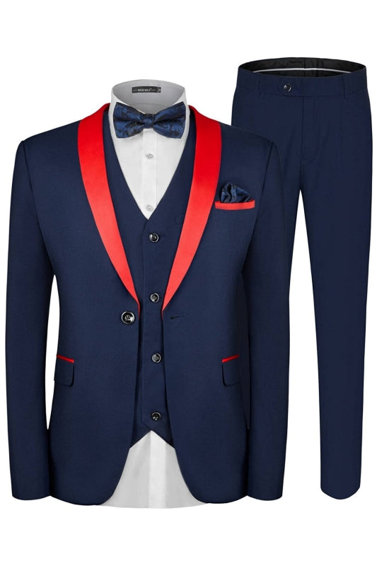 Elegant Navy Blue Three-Piece Suit with Red Shawl Lapel