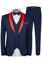 Elegant Navy Blue Three-Piece Suit with Red Shawl Lapel