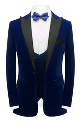 Elegant Navy Blue Three-Piece Velvet Prom Attire for Men