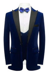 Elegant Navy Blue Three-Piece Velvet Prom Attire for Men
