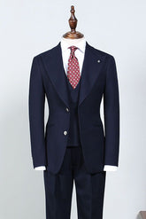 Elegant Navy Blue Three Pieces Peak Lapel Custom Business Suit