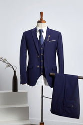 Elegant Navy Blue Three Pieces Slim Fit Tailored Business Suit