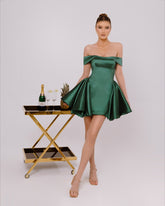 Elegant Off-the-Shoulder Sleeveless Satin Button-Front Fit and Flare Mini Party Dress