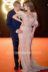 Elegant Off-the-shoulder Long Split Front Mermaid Prom Evening Dresses with Glitter