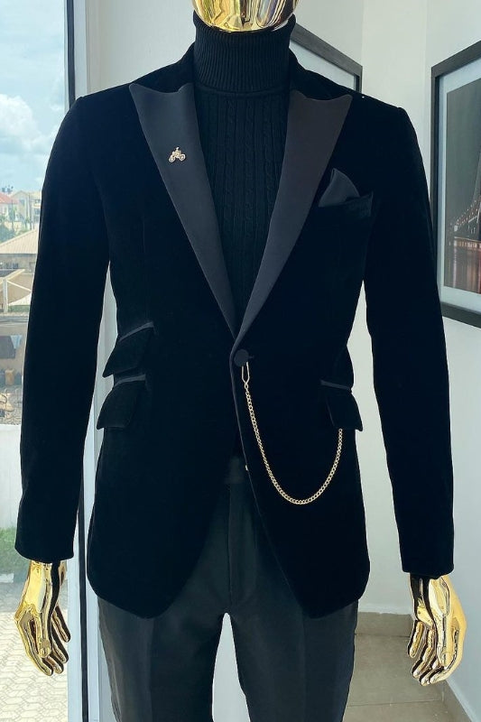 Elegant Olive Peaked Lapel Two-Piece Velvet Prom Suit For Men