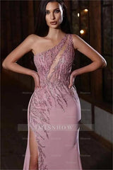 Elegant One Shoulder Sleeveless Appliques Formal Dress Mermaid With Split