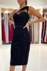 Elegant One Shoulder Sweetheart Floral Lace Corset Belted Column Midi Cocktail Dress