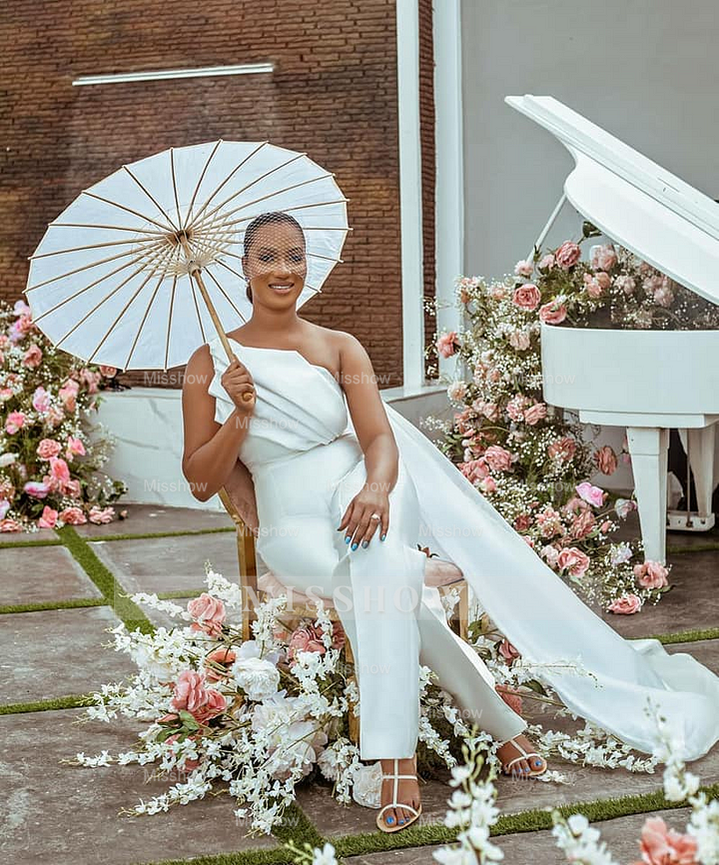 Elegant One-Shoulder White Pleated Long Jump Suit
