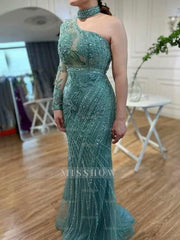 Elegant One shoulder Long Sleeve Champagne Bead Embroidery Formal Dress