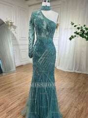 Elegant One shoulder Long Sleeve Champagne Bead Embroidery Formal Dress