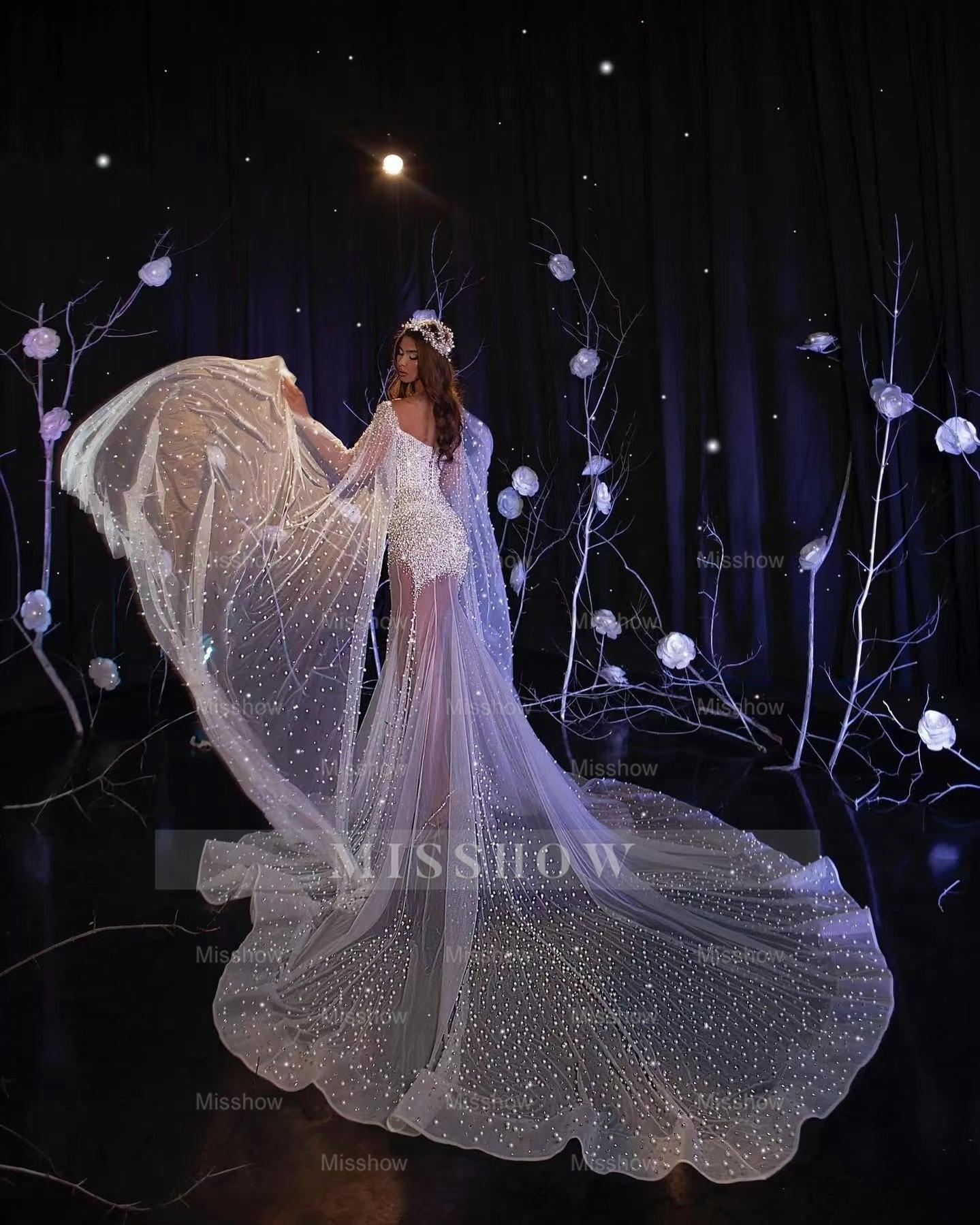 Elegant Pearl Long Sleeves Beaded Mermaid Sweetheart Formal Dress