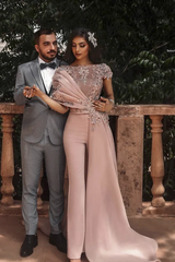 Elegant Pearl Pink Applique Embroidery Pleated Jump Suit