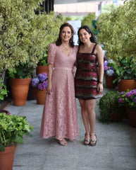 Elegant Pink A-Line Mother of Bride V-Neck Short Sleeves Long Lace Bridesmaid Dress