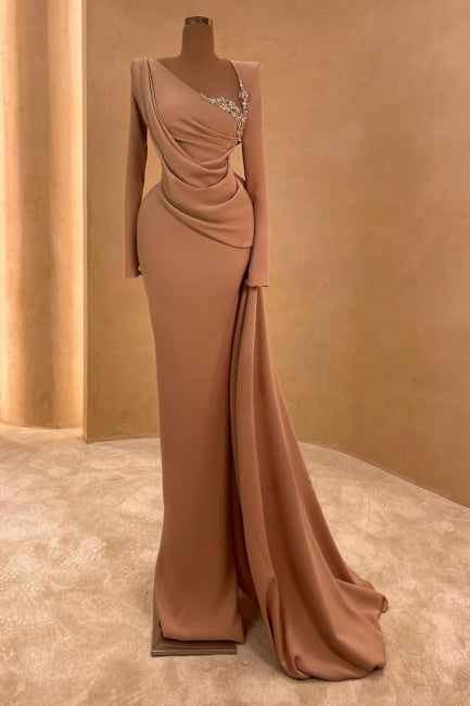 Elegant Pink Asymmetrical Long Sleeves Panel Train Satin Column Prom Dresses With Ruffles