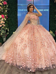 Elegant Pink High Neck Sleeveless 3D Floral Applique Cape Ball Gown Quinceanera Dress