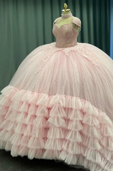 Elegant Pink High Neck Sleeveless Beaded Applique Ruffled Ball Gown Quinceanera Dress