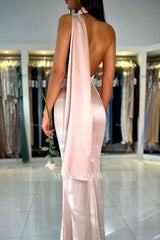 Elegant Pink Long Simple Mermaid One Shoulder Sleeveless Satin Prom Evening Dresses