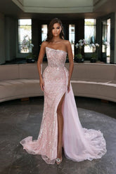 Pink one shoulder sequin mermaid prom dress