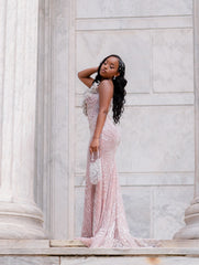 Elegant Pink Strapless Sleeveless Mermaid Prom Dress with Beadings and 3D Flowers