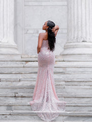 Elegant Pink Strapless Sleeveless Mermaid Prom Dress with Beadings and 3D Flowers
