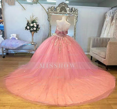 Elegant Pink Sweetheart Sleeveless Floral Applique Beaded Ball Gown Quinceanera Dress