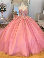 Elegant Pink Sweetheart Sleeveless Floral Applique Beaded Ball Gown Quinceanera Dress