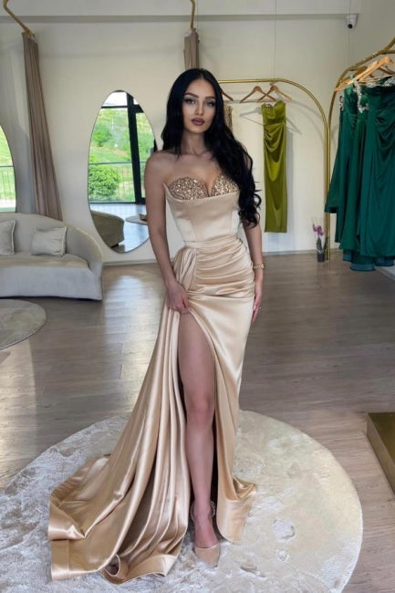 Elegant Pink mermaid sexy high split Prom Evening Dresses