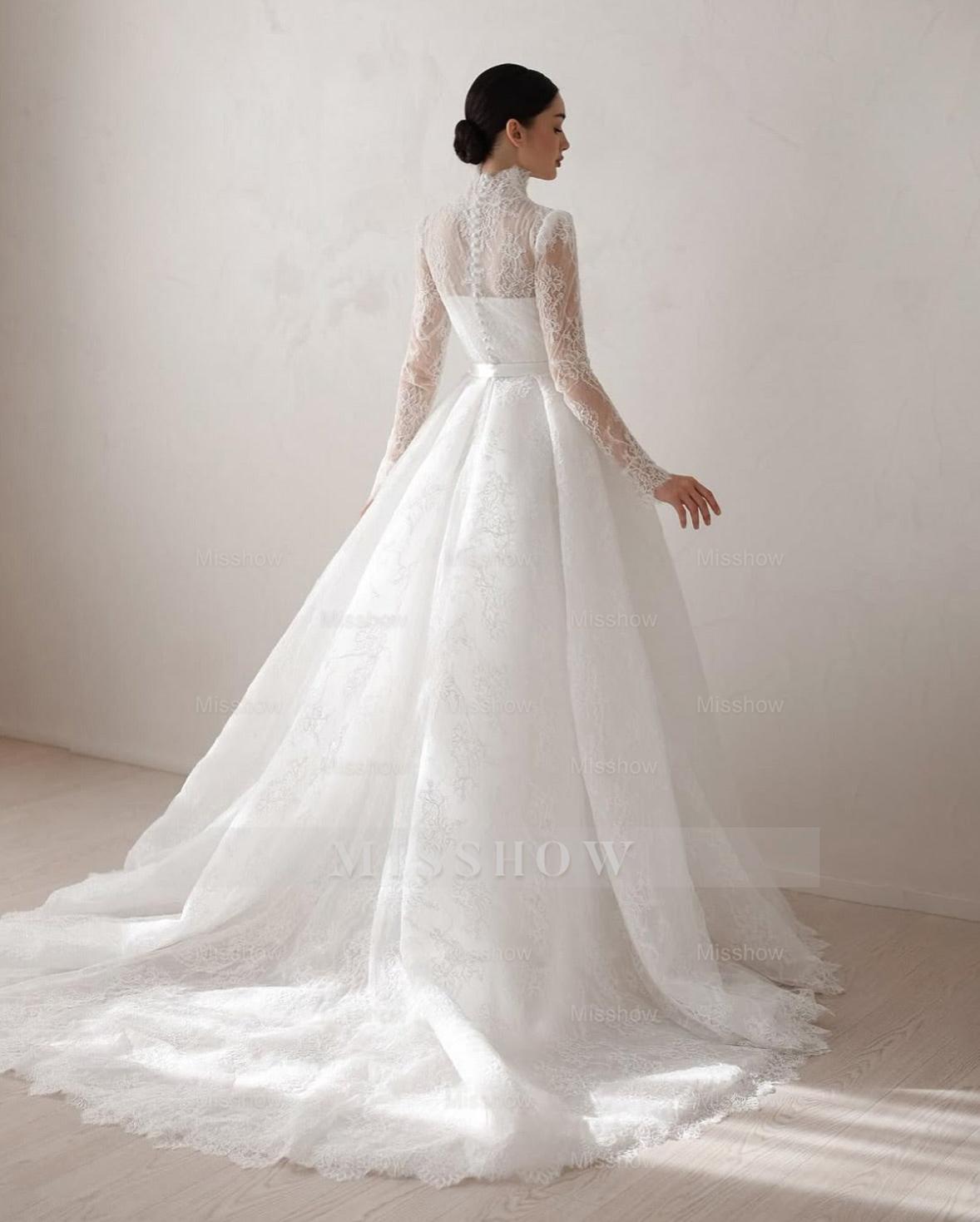 Elegant Princess A-Line Lace Ball Gown Wedding Dresses With Long Sleeves