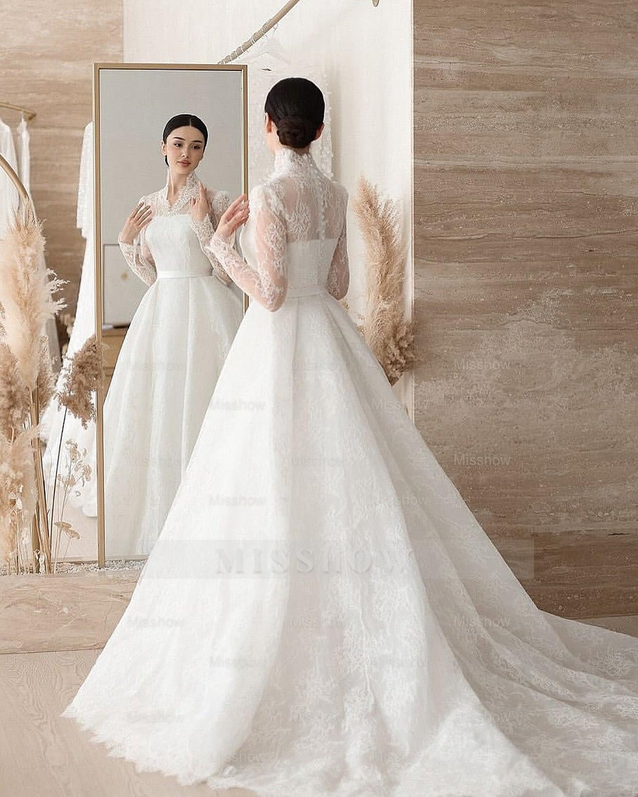 Elegant Princess A-Line Lace Ball Gown Wedding Dresses With Long Sleeves