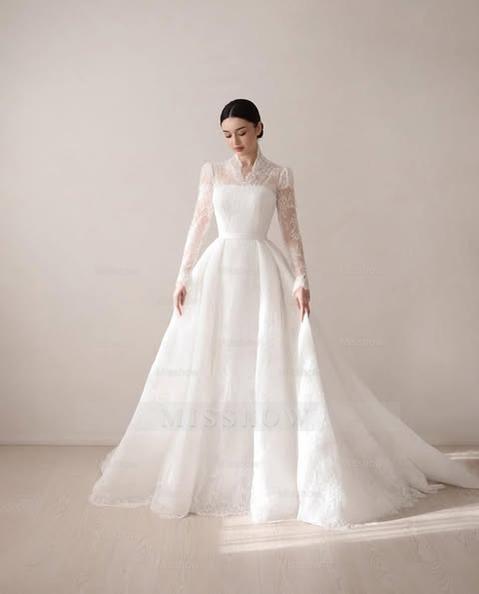 Elegant Princess A-Line Lace Ball Gown Wedding Dresses With Long Sleeves