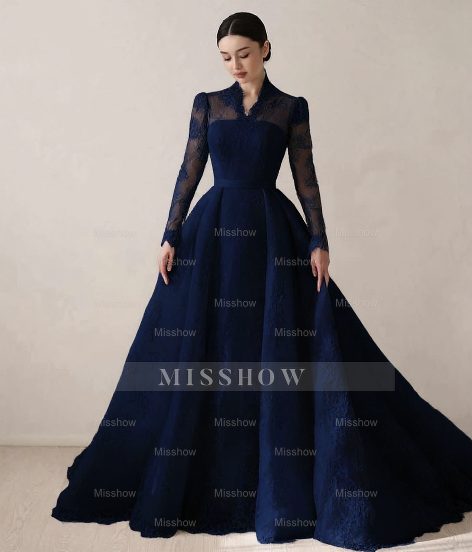 Elegant Princess A-Line Lace Ball Gown Wedding Dresses With Long Sleeves