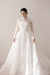 Elegant Princess A-Line Lace Ball Gown Wedding Dresses With Long Sleeves