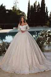 White off-the-shoulder lace ball gown wedding dress