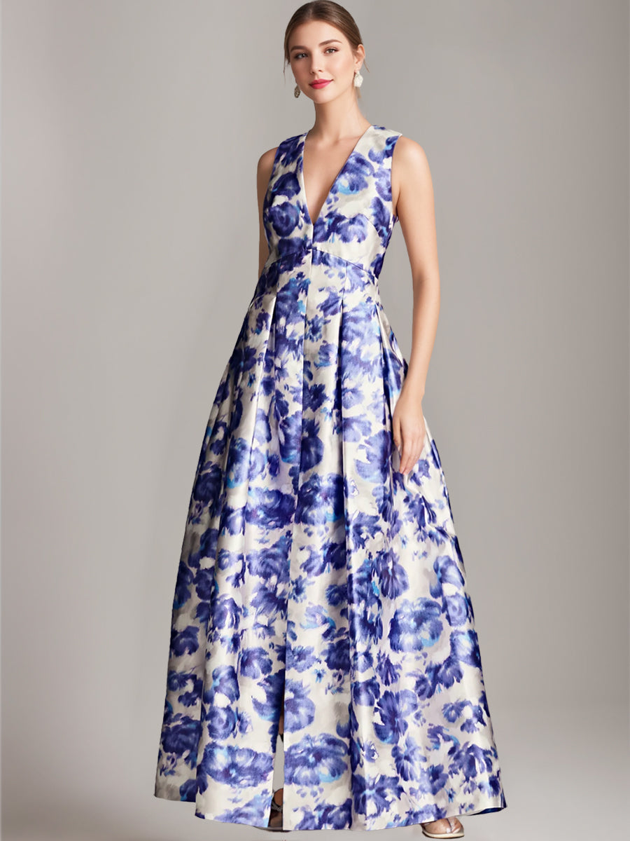 Elegant Printed Floral Floor-Length A-Line Dress with V-Neck and High Split for Mothers of the Bride & Groom