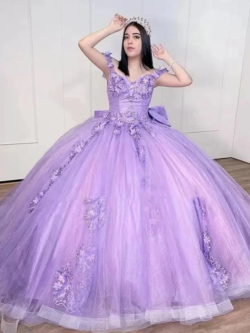 Elegant Purple Off-Shoulder Cap Sleeve Floral Applique Bow Ball Gown Quinceanera Dress