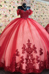Elegant Red Sweetheart Off-Shoulder Beaded Lace Applique Ball Gown Quinceanera Dress