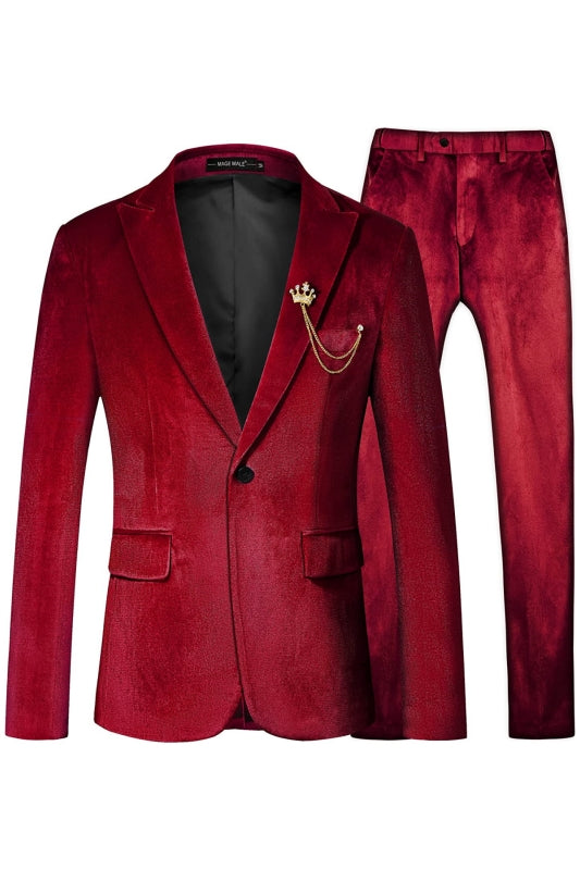 Elegant Red Velvet Two-Piece Peaked Lapel Prom Suit for Men